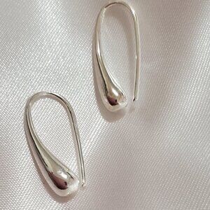 Genuine 925 Sterling Silver Elongated Teardrop Drop Charm 1" Hoop Earrings H010